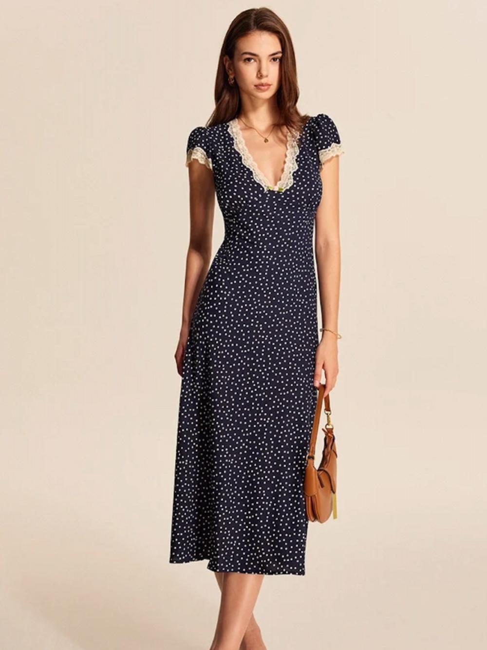 Commense Polka Dot Lace-Trim Dress Blue in Size Large